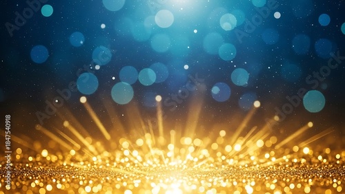 Golden light beams emerge from a glittery surface against a bokeh background
