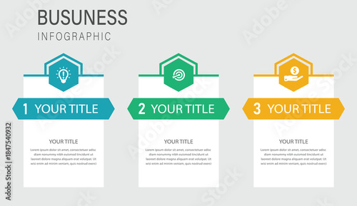 3-Step Colorful Business Infographic Template with Three Steps for Corporate Process Presentation and Marketing Strategy Design