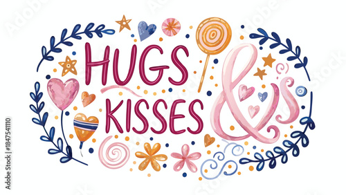 Cheerful valentine's day card with hugs and kisses message and colorful candy, hearts, flowers, and stars