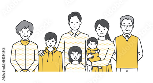 家族のイラストベクター素材（3世代・7人家族）