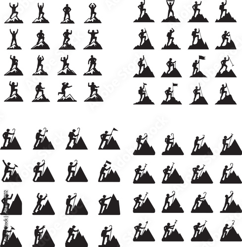 “Mountain Climber at Peak Silhouette – Summit Achievement, Goal, Success Icon”