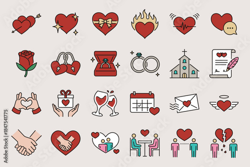 Love and relationship flat icon pack illustrating romance, communication, dating, commitment, celebration, marriage, support, passion, and breakup. Designed in modern color-filled style.