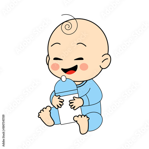 Laughing Baby With Bottle. Cute Illustration For Nursery Decor And Baby Products.