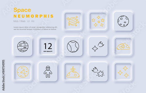 Space set icon. Line style icons show planets, moon, alien, comet, stars, galaxy, rocket, orbit, ship, asteroid, and cosmic symbols with soft neumorphic elements.