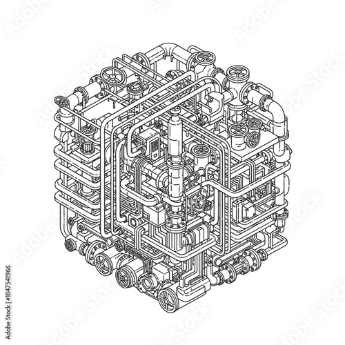 An intricate isometric line drawing illustrates a complex industrial piping system with numerous valves and connections, representing modern engineering infrastructure.