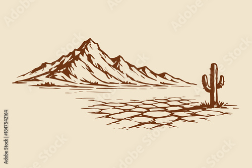 Desert landscape with cactus vintage sketch vector illustration