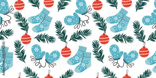 Seamless winter vector pattern with socks, christmas tree balls, mittens, fir tree branches. 