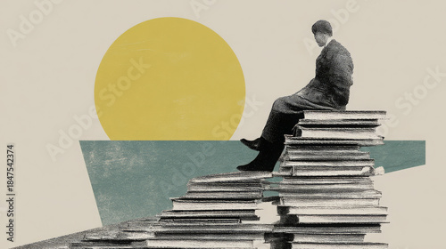 Retro collage person sitting giant pile heavy book sunset sea silhouette minimalist surreal retro collage person sitting giant pile heavy book sunset near sea, contemplative silhouette