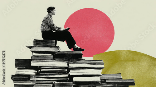 Person sitting on book pile retro collage vintage art surreal scene reading concept education literature knowledge learning imagination contemplation
