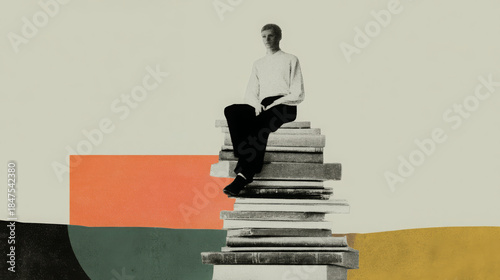 Surreal collage person on book pile minimalist retro art vintage style muted color background contemplative mood education concept knowledge metaphor abstract composition