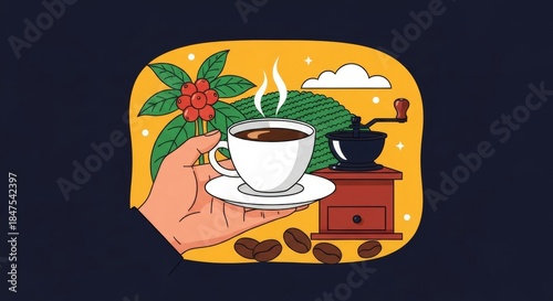 Hand Holding Coffee Cup with Coffee Beans and Coffee Plant Illustration