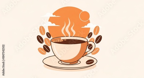 Warm Cup of Coffee with Steam and Coffee Beans Illustrating Relaxation