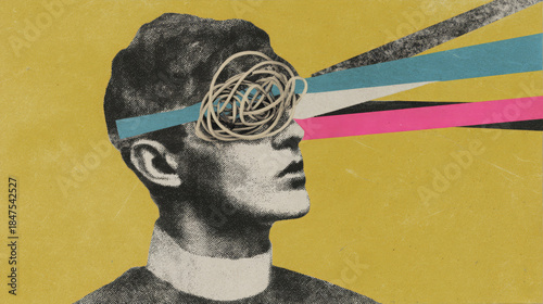 Surreal collage portrait confusion anxiety mental health concept knot of thoughts abstract mind vision colorful stripe retro style