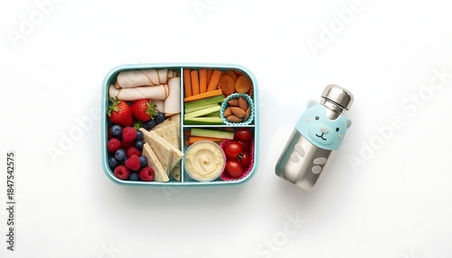 Healthy Bento Lunchbox with Kids Bear Water Bottle, Top View