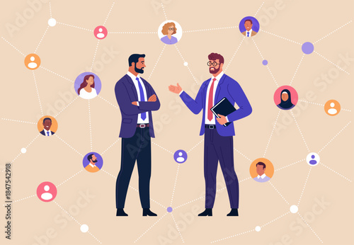 Business Networking. Vector illustration of two professionals discussing while connected to a network of people. Concept of communication, partnerships, collaboration, and professional relationships.