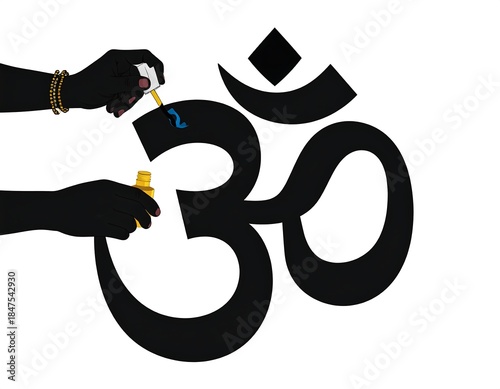 Black hands applying liquid to a black religious symbol, white background