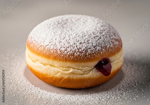 A close-up, studio shot of a delicious powdered sugar-dusted doughnut filled with jam