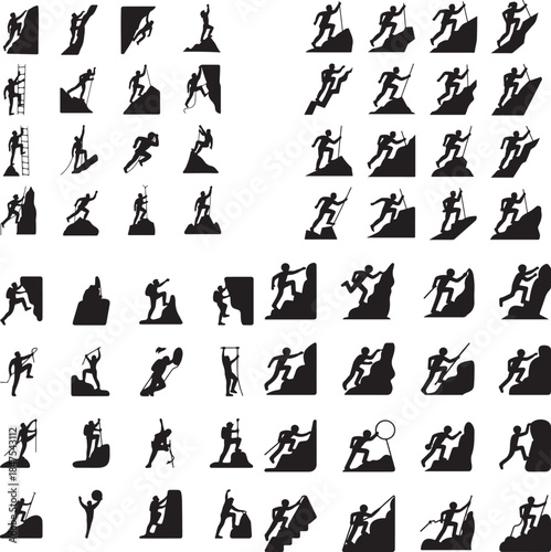 “Mountain Climber at Peak Silhouette – Summit Achievement, Goal, Success Icon”