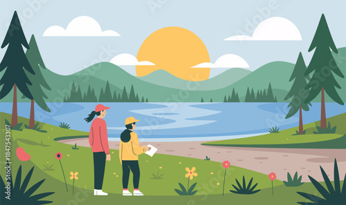 woman and child looking at lake with mountains and trees at sunset