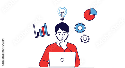 Person thinking with laptop, charts, and gears around head