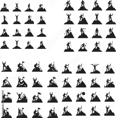 “Mountain Climber at Peak Silhouette – Summit Achievement, Goal, Success Icon”