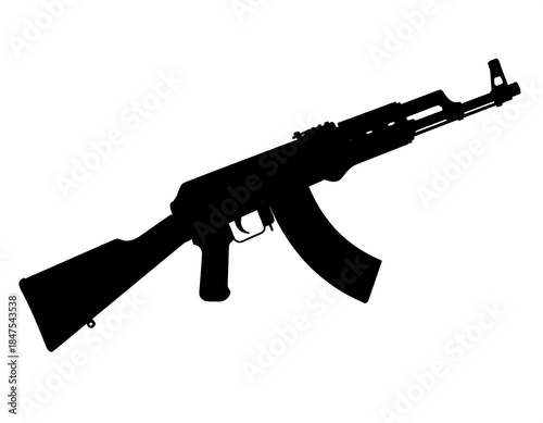 Black silhouette of an automatic rifle against a stark white background