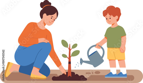 Tree planting, woman and child, environmental care, teamwork, nature activity, soil, watering, green leaves, outdoor, education, sustainability, growth, ecology, parenting, nurturing
