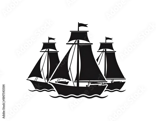 Black silhouette of three sailing ships on a white background
