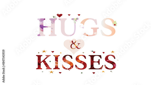 A watercolor valentine greeting with hugs and kisses in a colorful, whimsical design for romantic occasions