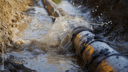 damaged water pipeline, emergency water leak from a damaged pipeline laid in the ground, generative ai