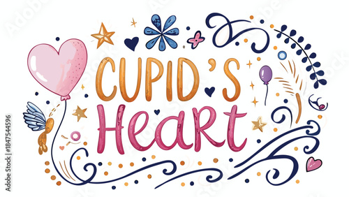 Whimsical valentine's day card with cupid's heart surrounded by colorful balloons stars and flowers on white