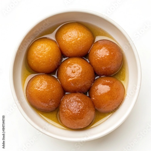 Gulab Jamun Delight Served in Bowl, Top Angle, Traditional Indian Sweet Gulab Jamun Isolated on White