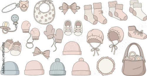 A comprehensive collection of hand-drawn baby items and accessories, including clothing, shoes, and toys, presented in soft pastel colors.