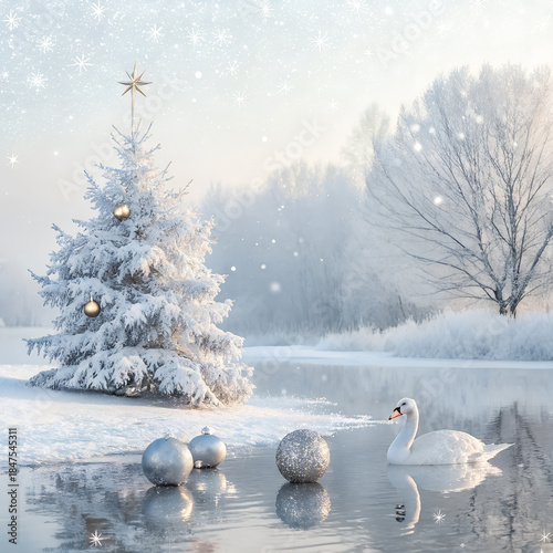 A serene winter Christmas tree swan on calm lake soft light falling