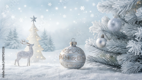 A magical snowy scene with elegant deer and delicate ornaments softly