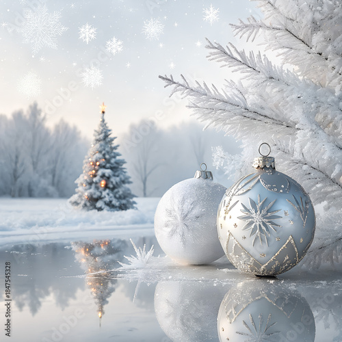 Magical winter holiday scene with sparkling ornaments and a frosted