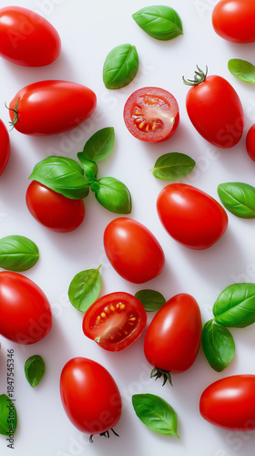 Wallpaper Mural Fresh cherry tomatoes and basil leaves arranged on a clean white background.
 Torontodigital.ca