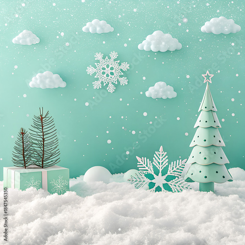 A pastel winter scene with whimsical Christmas decorations radiating peaceful holiday joy Mint green