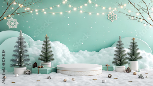 A magical winter holiday product display with Christmas trees and gifts on snow soft mint background