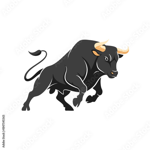 Powerful Black Bull Charging Forward Dynamic Animal Symbol