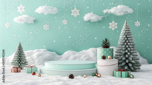 A whimsical winter holiday display stage adorned with snowy trees and gifts ready for festive