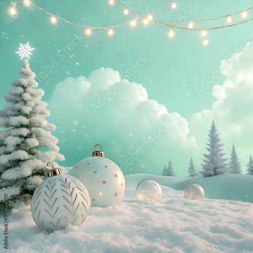 A magical holiday wonderland with frosted Christmas trees and elegant ornaments sparkling under