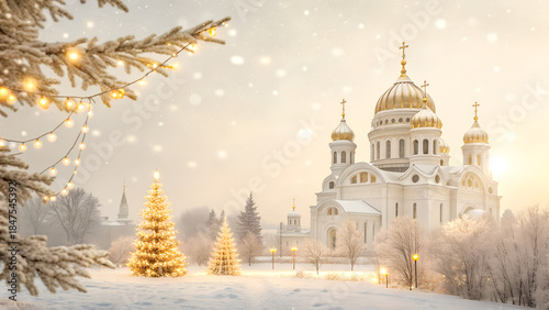 Majestic white church golden domes shines softly through falling snow