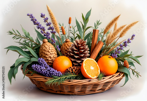 Wicker basket filled with natural winter treasures, including pine cones and citrus, in soft light 

