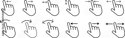 
Hand finger gesture icon set. Swipe icon set. slide up down left right finger signs, swipe symbol. Collection of touch touch symbols. The gesture of swiping an icon on transparent background
