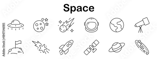 Space set icon. UFO, moon, comet, astronaut helmet, Earth, telescope, crater, shooting star, rocket, satellite, Saturn, solar system arranged in outline icon style.