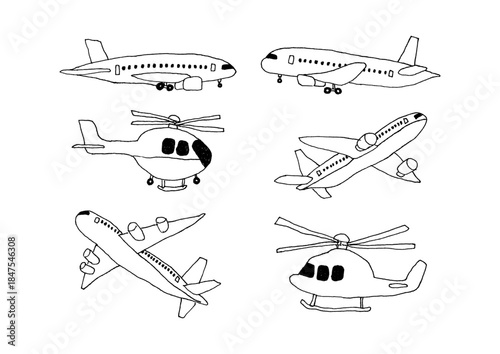 飛行機とヘリコプターの手描きイラストセット