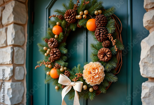 Handmade Christmas wreath with pine cones and dried flowers on a wooden door 

