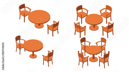 Isometric Set of Wooden Tables and Chairs, Cafe Furniture Arrangements with Round Dining Tables, Restaurant and Outdoor Seating Vector Illustration