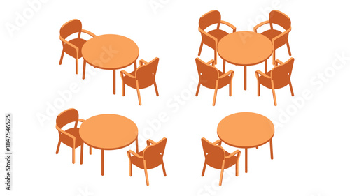 Isometric Set of Wooden Tables and Chairs, Cafe Furniture Arrangements with Round Dining Tables, Restaurant and Outdoor Seating Vector Illustration